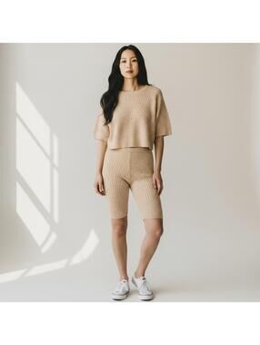 NWOT Daisy Beige Cable Knit 2-Piece Short Sleeve Sweater and Biker Short Set, L